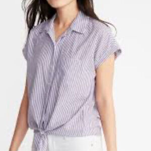 AUTRES FILLES button up shirt cotton top front ties striped lilac blue sz large
